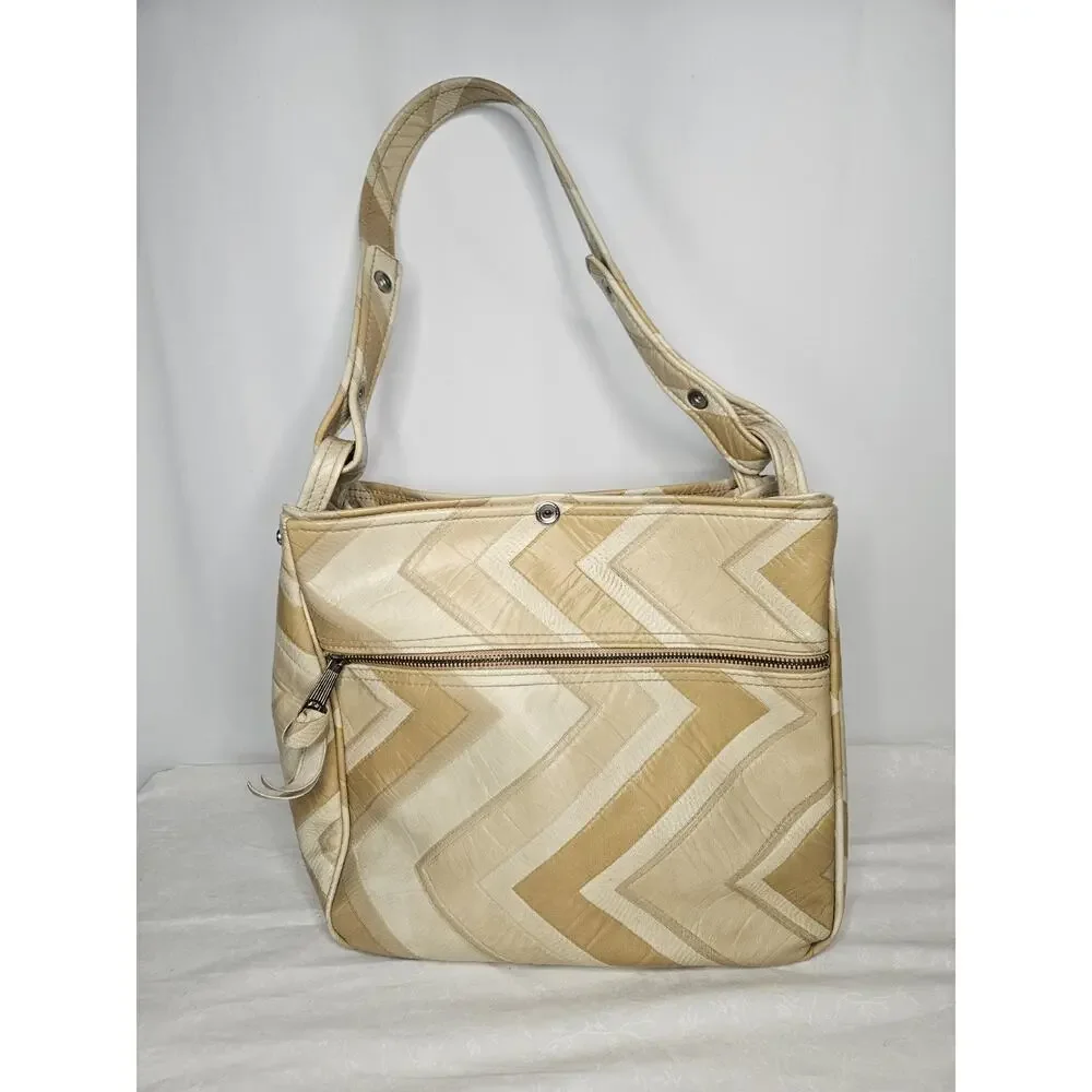 Vintage 70s Handmade Cream Tan Leather Tote Handbag Purse Shoulder Bag Chevron - Picture 4 of 7